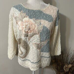 Vtg Private Party Women Cream Teal Sweater Embroidered Floral Bead 3/4 Sleeves L